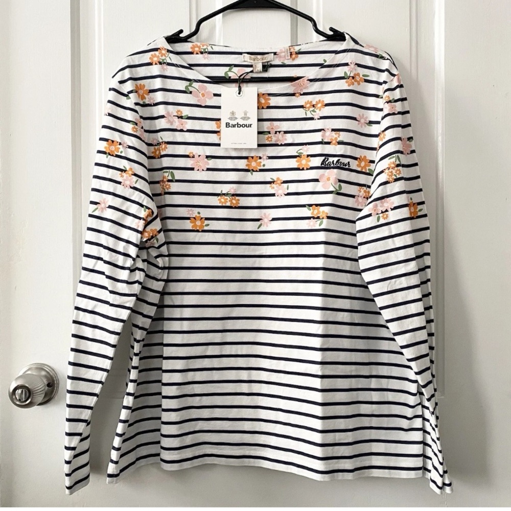 BARBOUR Bradley Print Coast Striped Floral White Long Sleeve Shirt US 14 L Large